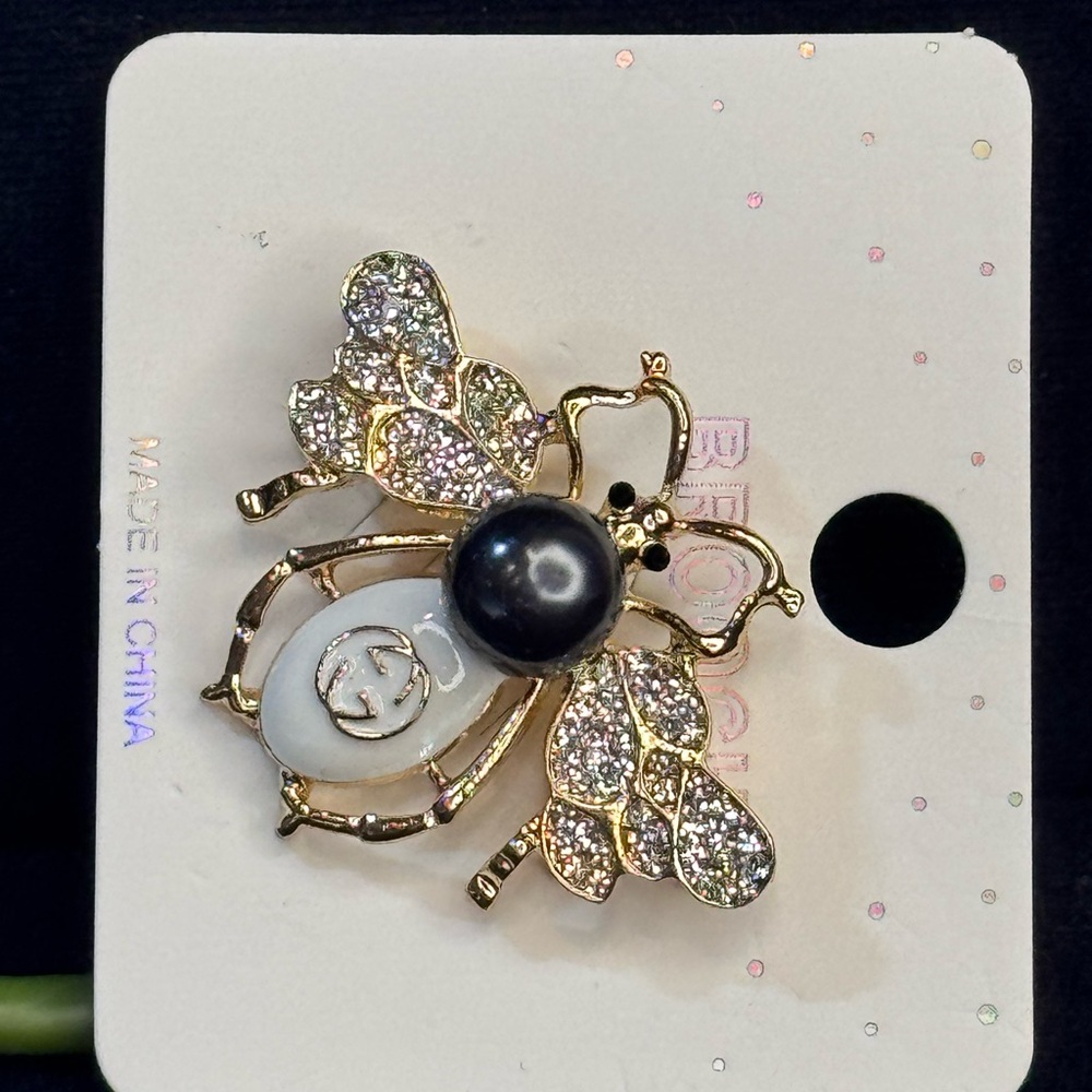 Fashion Jewelry Gold Tone with White W/ Faux Black Pearl and Crystal Bee Brooch